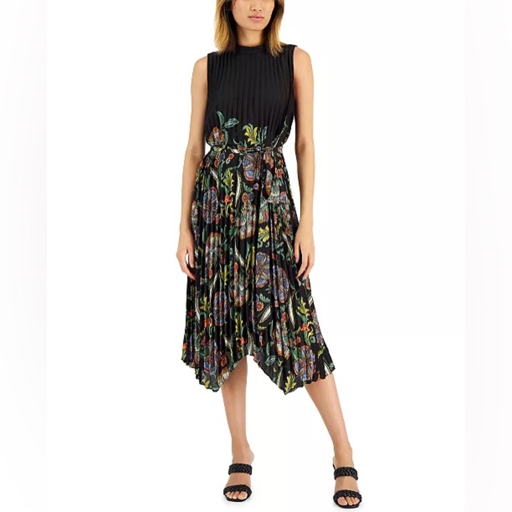 Tahari ASL Women’s Black Forest Floral Pleated Belted Sleeveless Midi Dress NWT